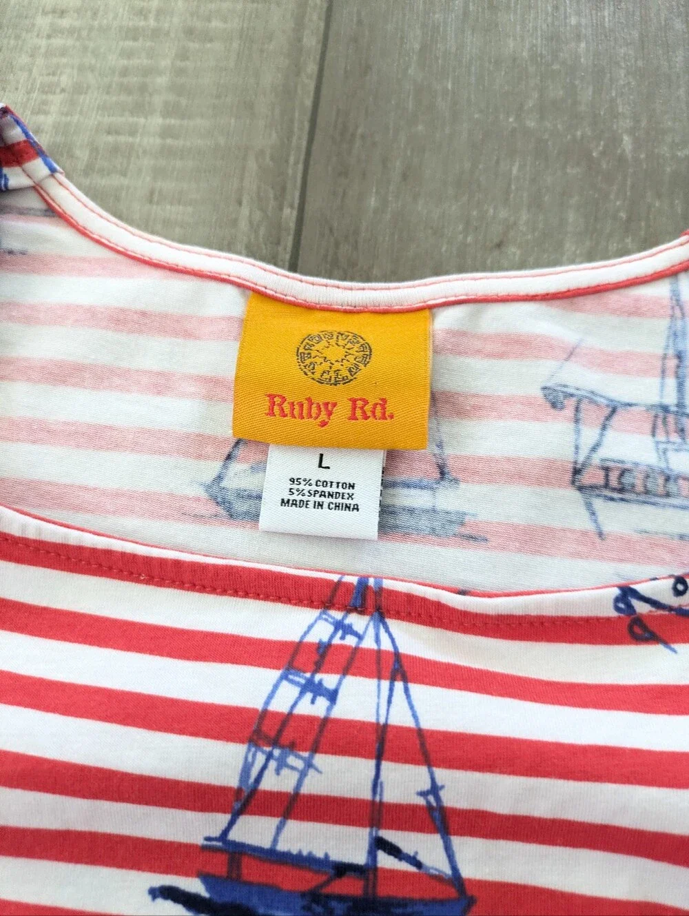 Red White Striped Nautical Top Sailing Coastal Embroidered Size L